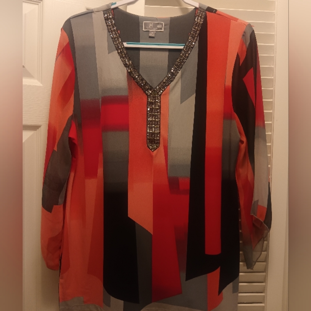 JM Collection Orange and Black Graphic Embellished Blouse